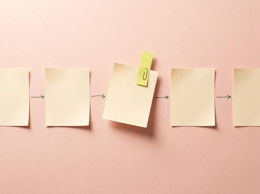 A row of blank cards joined by inked arrows, one card lifted mid-handover with a lime tab clipped to it.