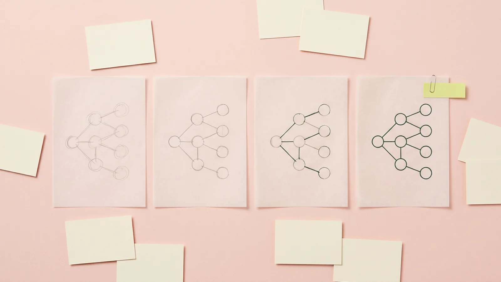 Four sheets of tracing paper laid in a row, the same node diagram redrawn on each from a loose graphite sketch to a finished inked system, with a lime tab clipped to the last.