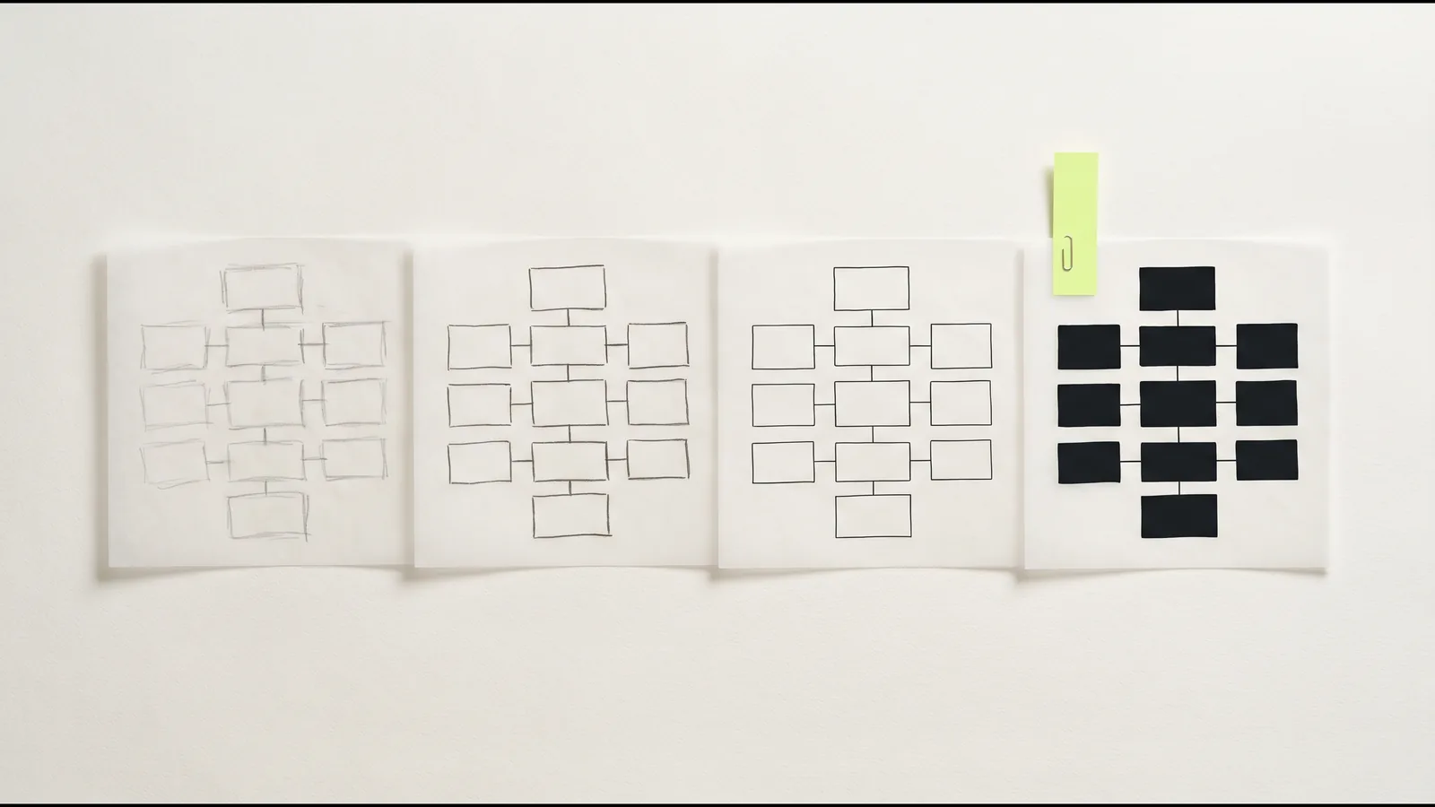 Four sheets of tracing paper laid in a row, the same node diagram redrawn on each from a loose graphite sketch to a finished inked system, with a lime tab clipped to the last.