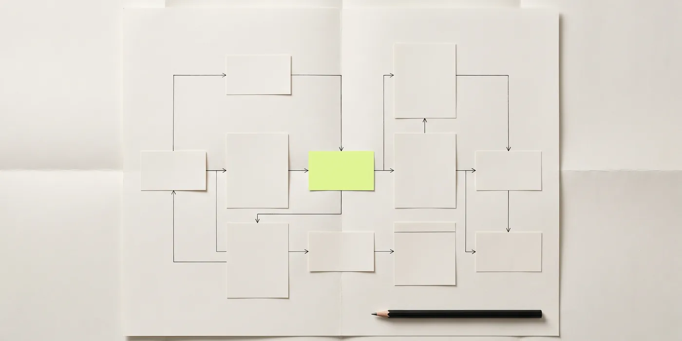 A large sheet unfolded from quarters, showing a hand-drafted workflow map of blank boxes joined by branching inked lines, with one box filled lime to mark the step worth automating.